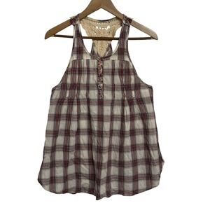 Free People Plaid Crochet Racerback Tank Top Women Size 4 Red White